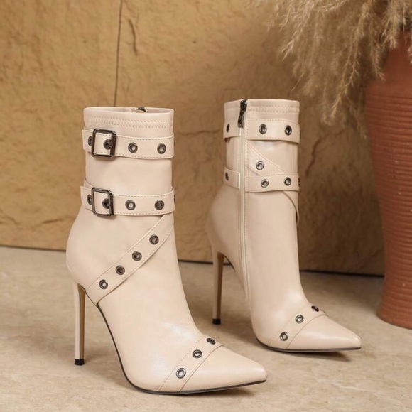 12cm Pointed Toe Zipper Accent Stilettos Boots For Women,  Fashionable Belted